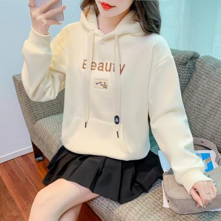 FA48885# 时尚加绒连帽卫衣女秋冬新款宽松百搭字母绣花长袖上衣外套女 服裝批發女裝批發服飾貨源