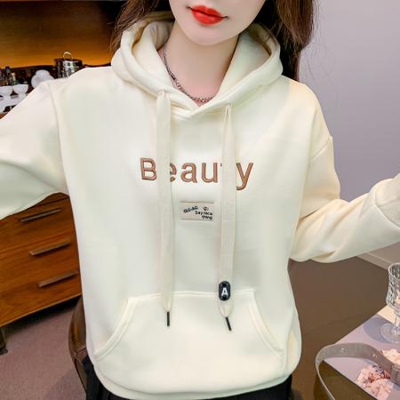 FA48885# 时尚加绒连帽卫衣女秋冬新款宽松百搭字母绣花长袖上衣外套女 服裝批發女裝批發服飾貨源