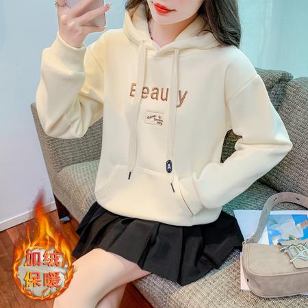 FA48885# 时尚加绒连帽卫衣女秋冬新款宽松百搭字母绣花长袖上衣外套女 服裝批發女裝批發服飾貨源