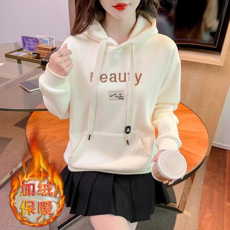 FA48885# 时尚加绒连帽卫衣女秋冬新款宽松百搭字母绣花长袖上衣外套女 服裝批發女裝批發服飾貨源