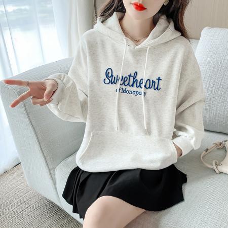 FA48886# 时尚连帽卫衣女秋冬新款宽松百搭字母绣花长袖上衣外套女 服裝批發女裝批發服飾貨源