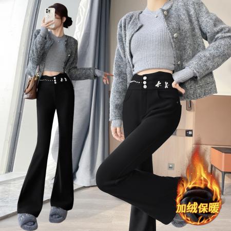 FA48887# 秋冬加绒高腰蝴蝶钉钻黑色微喇叭显腿长修身小个子马蹄裤 服裝批發女裝批發服飾貨源