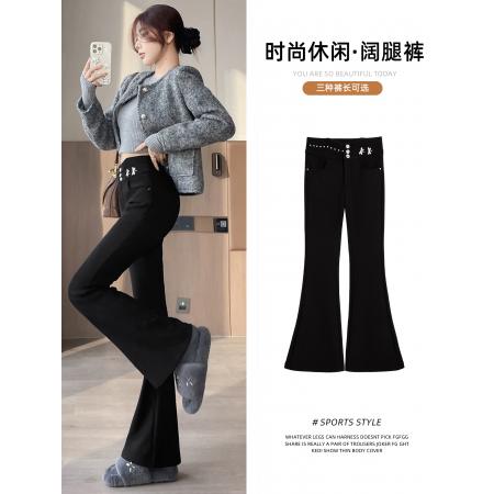 FA48887# 秋冬加绒高腰蝴蝶钉钻黑色微喇叭显腿长修身小个子马蹄裤 服裝批發女裝批發服飾貨源