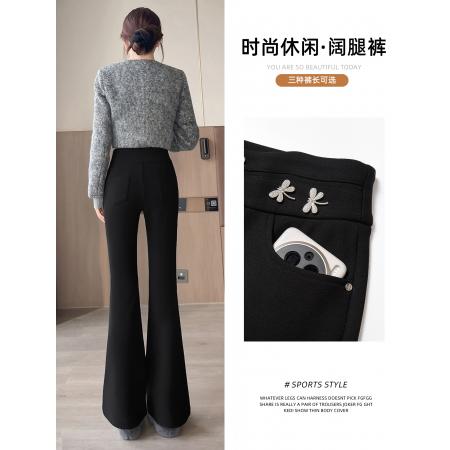 FA48887# 秋冬加绒高腰蝴蝶钉钻黑色微喇叭显腿长修身小个子马蹄裤 服裝批發女裝批發服飾貨源