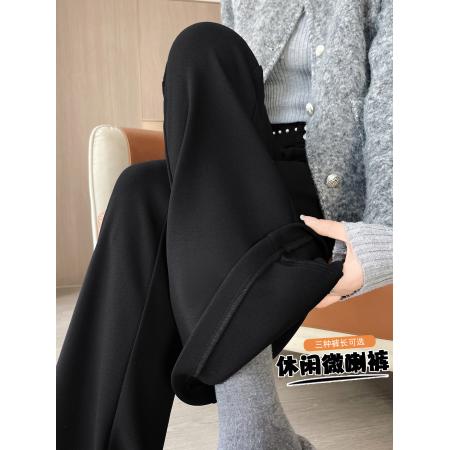 FA48887# 秋冬加绒高腰蝴蝶钉钻黑色微喇叭显腿长修身小个子马蹄裤 服裝批發女裝批發服飾貨源