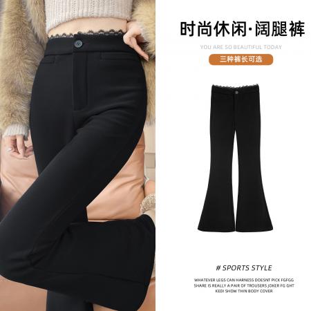 FA48888# 秋冬加绒保暖黑色蕾丝拼接微喇叭显瘦显腿长修身弹力马蹄裤 服裝批發女裝批發服飾貨源