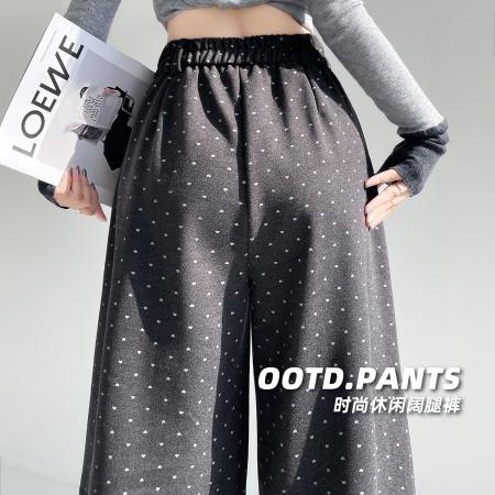 FA48890# 秋冬韩系甜美复古加厚磨毛尼子爱心休闲裤后松紧高腰阔腿裤 服裝批發女裝批發服飾貨源