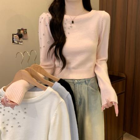 FA48894# 秋冬新款韩版纯欲镶钻设计感软糯短款气质百搭长袖针织衫 服裝批發女裝批發服飾貨源