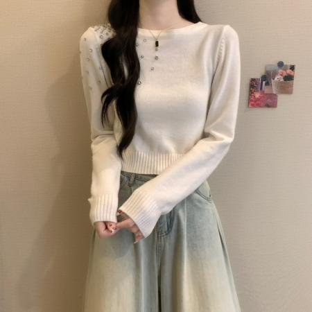 FA48894# 秋冬新款韩版纯欲镶钻设计感软糯短款气质百搭长袖针织衫 服裝批發女裝批發服飾貨源