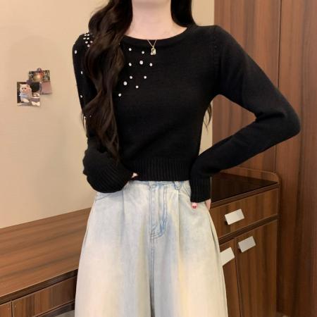 FA48894# 秋冬新款韩版纯欲镶钻设计感软糯短款气质百搭长袖针织衫 服裝批發女裝批發服飾貨源