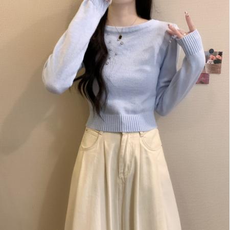 FA48894# 秋冬新款韩版纯欲镶钻设计感软糯短款气质百搭长袖针织衫 服裝批發女裝批發服飾貨源