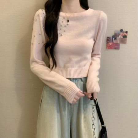 FA48894# 秋冬新款韩版纯欲镶钻设计感软糯短款气质百搭长袖针织衫 服裝批發女裝批發服飾貨源