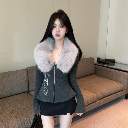 FA48903# 秋冬辣妹可拆卸毛领长袖修身开衫上衣 服裝批發女裝批發服飾貨源