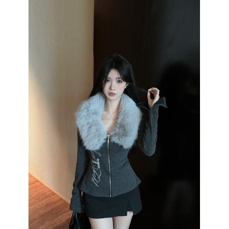 FA48903# 秋冬辣妹可拆卸毛领长袖修身开衫上衣 服裝批發女裝批發服飾貨源