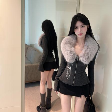 FA48903# 秋冬辣妹可拆卸毛领长袖修身开衫上衣 服裝批發女裝批發服飾貨源