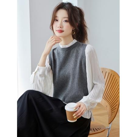 FA48909# 假两件衬衫拼接针织衫女秋季新款设计感超火减龄早秋长袖上衣 服裝批發女裝批發服飾貨源