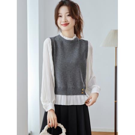 FA48909# 假两件衬衫拼接针织衫女秋季新款设计感超火减龄早秋长袖上衣 服裝批發女裝批發服飾貨源