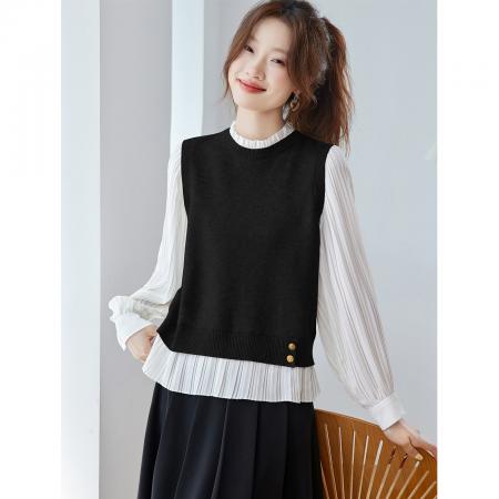 FA48909# 假两件衬衫拼接针织衫女秋季新款设计感超火减龄早秋长袖上衣 服裝批發女裝批發服飾貨源