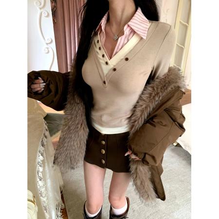 FA48912# BarbChill老钱风假两件针织上衣女冬季富家千金圣诞穿搭打底衫 服裝批發女裝批發服飾貨源