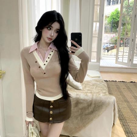 FA48912# BarbChill老钱风假两件针织上衣女冬季富家千金圣诞穿搭打底衫 服裝批發女裝批發服飾貨源