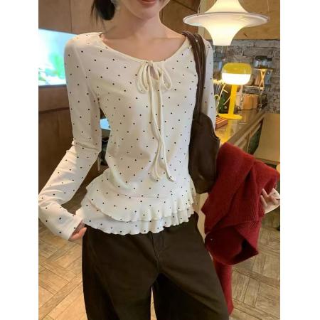 FA48913# 宋正恩白色波点荷叶边内搭打底衫女秋冬百搭修身显瘦长袖T恤上衣 服裝批發女裝批發服飾貨源