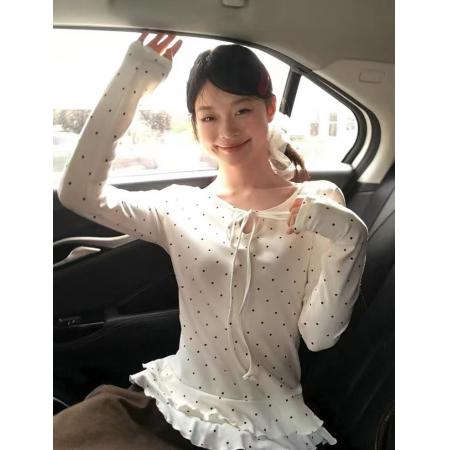 FA48913# 宋正恩白色波点荷叶边内搭打底衫女秋冬百搭修身显瘦长袖T恤上衣 服裝批發女裝批發服飾貨源