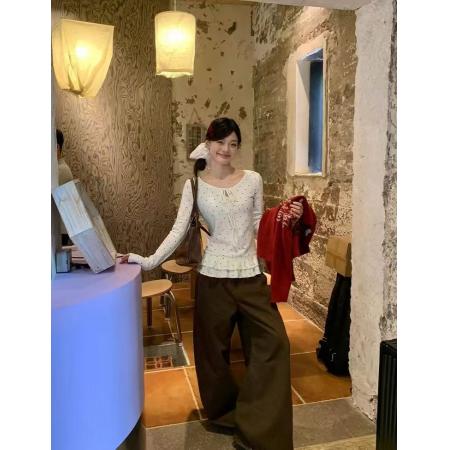 FA48913# 宋正恩白色波点荷叶边内搭打底衫女秋冬百搭修身显瘦长袖T恤上衣 服裝批發女裝批發服飾貨源