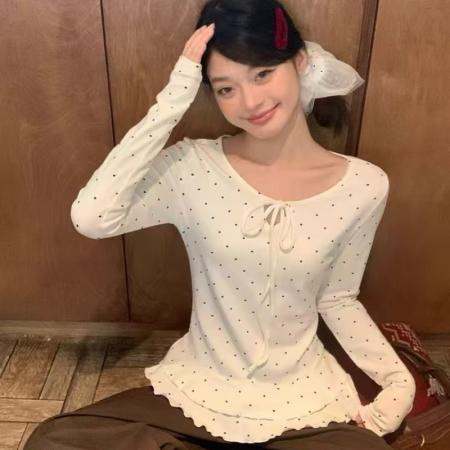 FA48913# 宋正恩白色波点荷叶边内搭打底衫女秋冬百搭修身显瘦长袖T恤上衣 服裝批發女裝批發服飾貨源