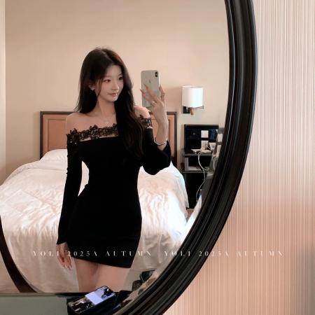 FA48915# 黑色蕾丝拼接长袖连衣裙女冬修身显瘦短裙 服裝批發女裝批發服飾貨源