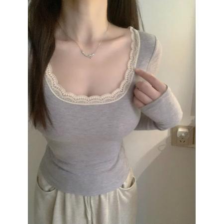 FA48917# 软糯蕾丝!!外扩显大!自带胸垫修身长袖打底衫T恤秋冬保暖内搭上衣 服裝批發女裝批發服飾貨源