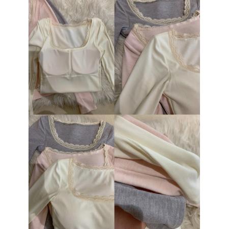 FA48917# 软糯蕾丝!!外扩显大!自带胸垫修身长袖打底衫T恤秋冬保暖内搭上衣 服裝批發女裝批發服飾貨源