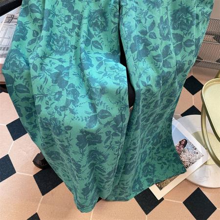 FA48918# 设计感绿色花朵印花宽松牛仔裤女美式复古直筒阔腿松弛感长裤 服裝批發女裝批發服飾貨源