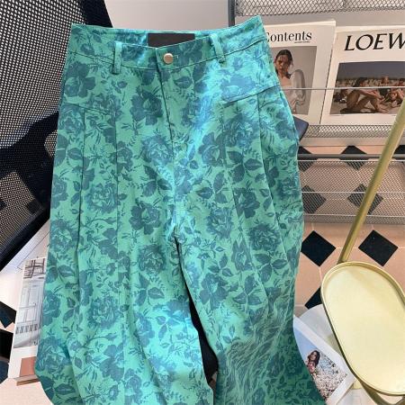 FA48918# 设计感绿色花朵印花宽松牛仔裤女美式复古直筒阔腿松弛感长裤 服裝批發女裝批發服飾貨源