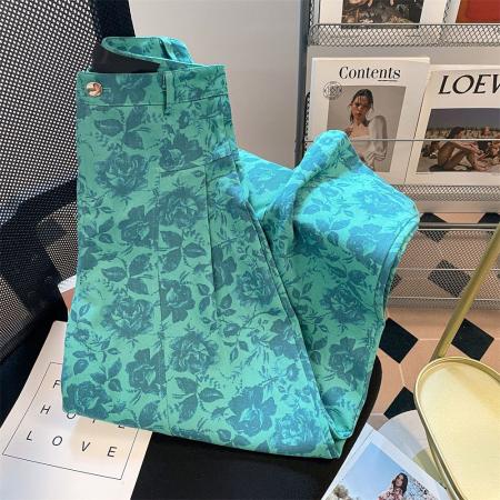 FA48918# 设计感绿色花朵印花宽松牛仔裤女美式复古直筒阔腿松弛感长裤 服裝批發女裝批發服飾貨源