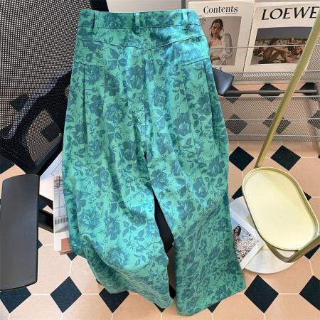 FA48918# 设计感绿色花朵印花宽松牛仔裤女美式复古直筒阔腿松弛感长裤 服裝批發女裝批發服飾貨源