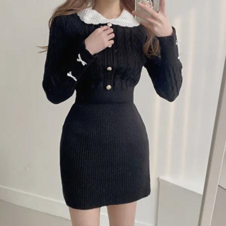 FA48919# 韩国chic学院风蝴蝶结毛衣裙收腰包臀娃娃领打底短裙 服裝批發女裝批發服飾貨源