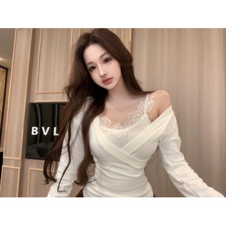 FA48921# 娇软韩女日常设计感交叉V领上衣/蕾丝花朵吊带两件套 服裝批發女裝批發服飾貨源