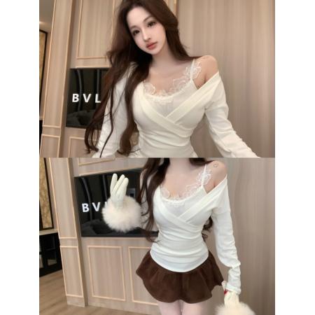 FA48921# 娇软韩女日常设计感交叉V领上衣/蕾丝花朵吊带两件套 服裝批發女裝批發服飾貨源