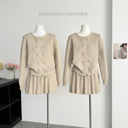FA48923# 林子熙月下桂语精致琉璃扣针织套装显白双排扣开衫半裙 服裝批發女裝批發服飾貨源