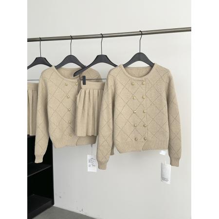 FA48923# 林子熙月下桂语精致琉璃扣针织套装显白双排扣开衫半裙 服裝批發女裝批發服飾貨源