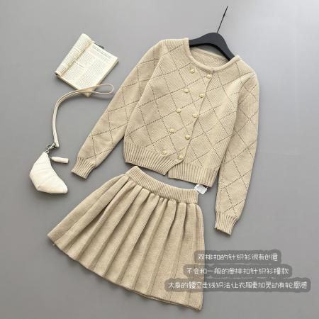 FA48923# 林子熙月下桂语精致琉璃扣针织套装显白双排扣开衫半裙 服裝批發女裝批發服飾貨源