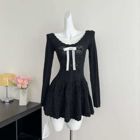 FA48925# 千金感miu系连衣裙女白月光韩系蝴蝶结长袖针织小白裙 服裝批發女裝批發服飾貨源