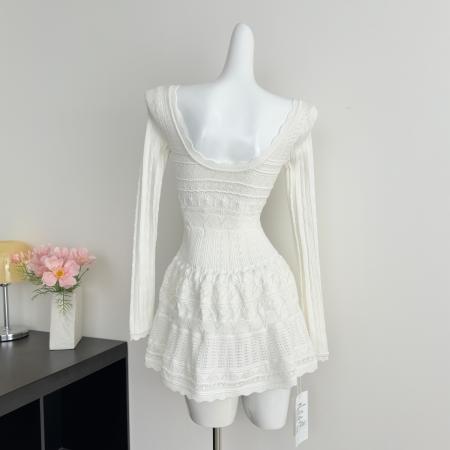 FA48925# 千金感miu系连衣裙女白月光韩系蝴蝶结长袖针织小白裙 服裝批發女裝批發服飾貨源