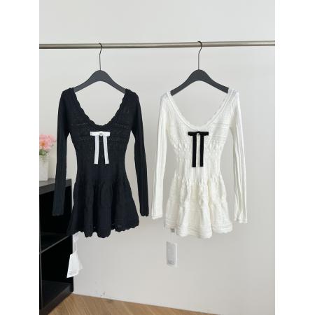 FA48925# 千金感miu系连衣裙女白月光韩系蝴蝶结长袖针织小白裙 服裝批發女裝批發服飾貨源