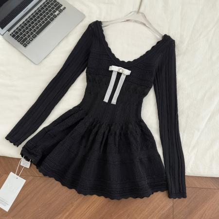 FA48925# 千金感miu系连衣裙女白月光韩系蝴蝶结长袖针织小白裙 服裝批發女裝批發服飾貨源