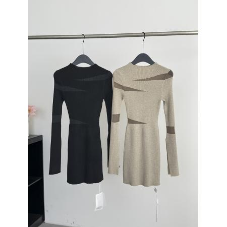 FAY致浪漫设计师款镂空欧根纱性感针织秋季收腰连衣裙约会裙子 服裝批發女裝批發服飾貨源