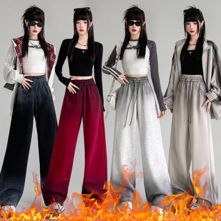 FA48926# 扎染渐变休闲运动裤女秋冬加绒安可拉红高腰宽松显瘦阔腿裤卫裤 服裝批發女裝批發服飾貨源