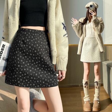 FA48927# 加厚毛呢半身裙女秋冬小碎花呢子高腰垂感甜美显瘦a字包臀短裙 服裝批發女裝批發服飾貨源