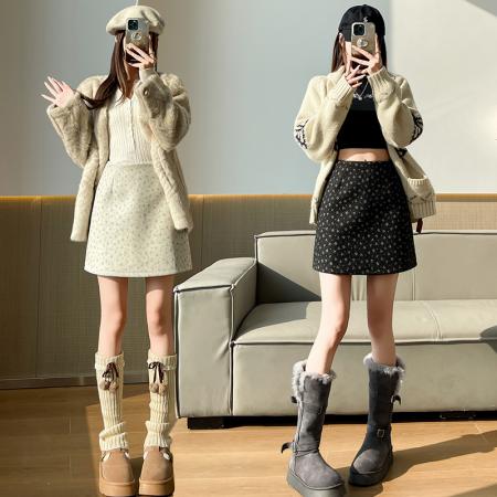 FA48927# 加厚毛呢半身裙女秋冬小碎花呢子高腰垂感甜美显瘦a字包臀短裙 服裝批發女裝批發服飾貨源