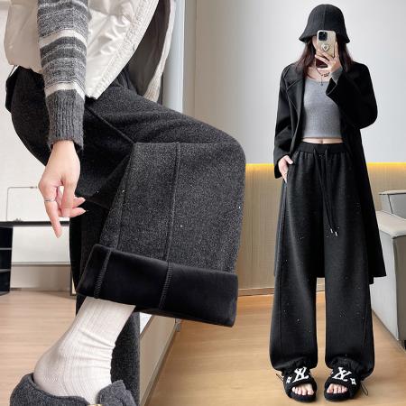FA48928# 双色羊绒加绒亮片弯刀阔腿裤女冬款螺纹高腰百搭休闲香蕉裤 服裝批發女裝批發服飾貨源